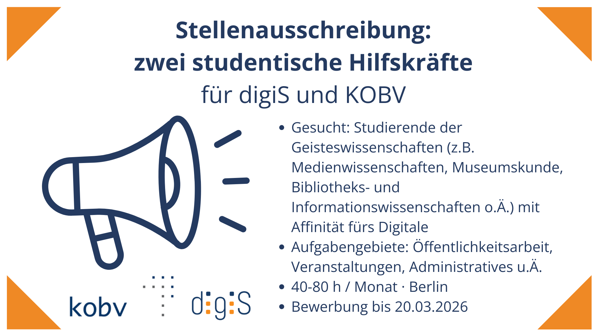 Zwei studentische Hilfskräfte gesucht (digiS & KOBV) – SH 01/26